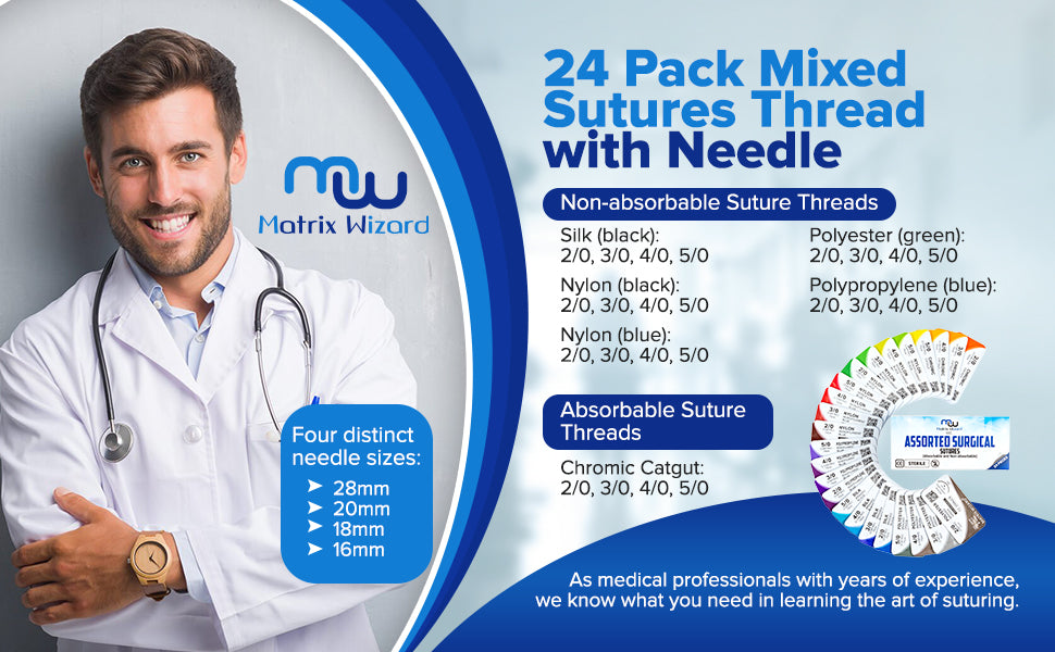 Mixed Sutures Thread with Needle (Absorbable: Chromic Catgut; Non-Absorbable: Nylon, Silk, Polyester, Polypropylene) - Surgical Wound Practice Kit, Taxidermy, Suture Pad Training (2-0, 3-0, 4-0, 5-0) 24PK