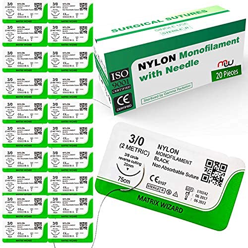 3-0 Sterile Sutures Thread with Needle (24 PK Black Monofilament) - Medical and Nursing Student's Surgical Practice Suture Kit, Training with Stitching Pad, Taxidermy, Vet Use