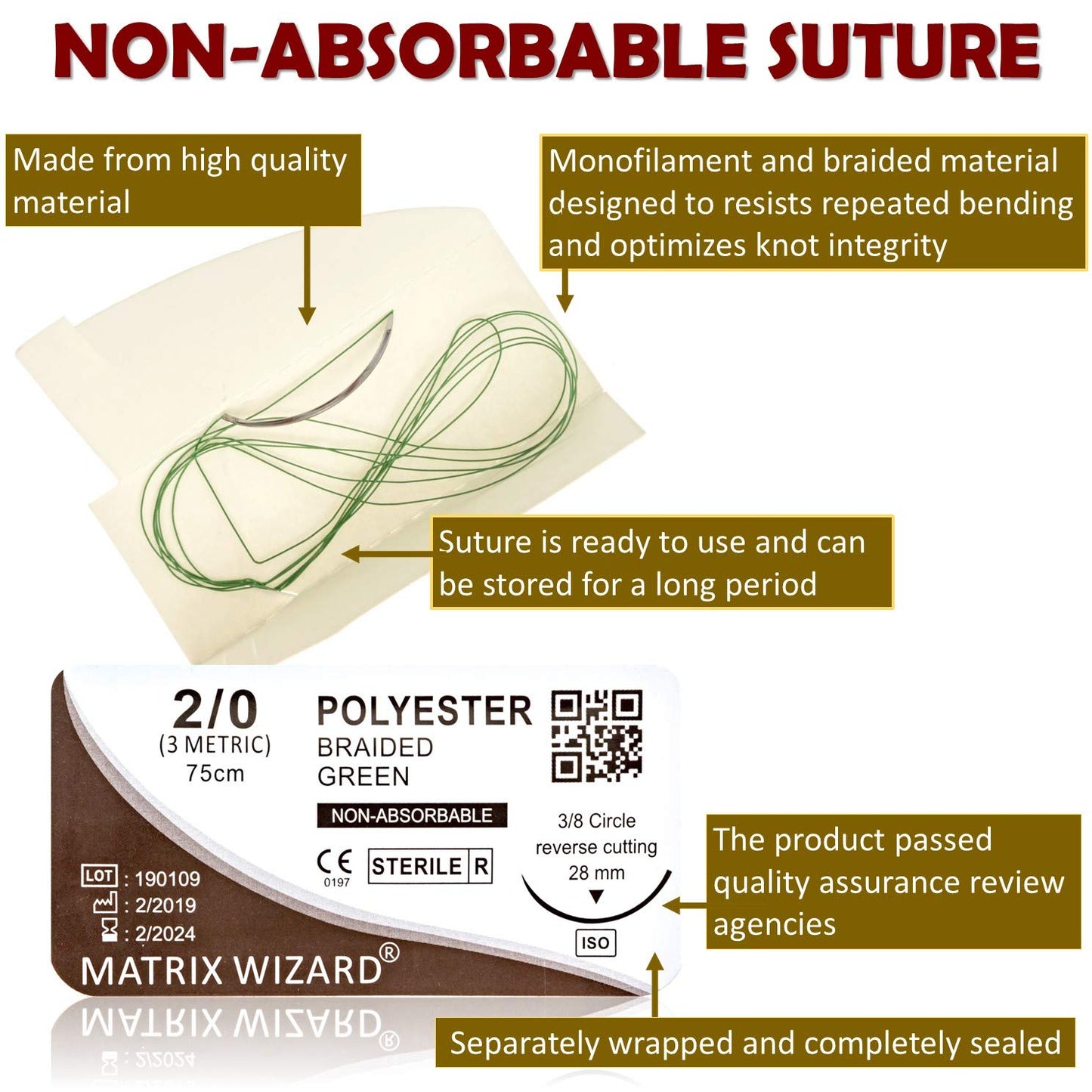 Mixed Sutures Thread with Needle (Absorbable: Chromic Catgut; Non-Absorbable: Nylon, Silk, Polyester, Polypropylene) - Surgical Wound Practice Kit, Taxidermy, Suture Pad Training (2-0, 3-0, 4-0, 5-0) 24PK
