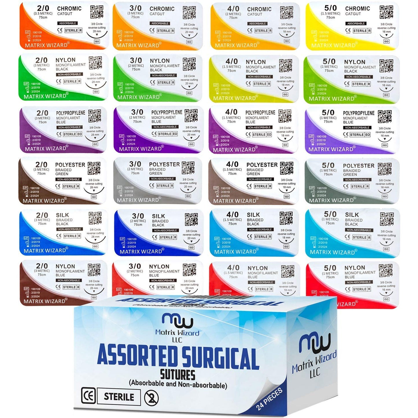 Mixed Sutures Thread with Needle (Absorbable: Chromic Catgut; Non-Absorbable: Nylon, Silk, Polyester, Polypropylene) - Surgical Wound Practice Kit, Taxidermy, Suture Pad Training (2-0, 3-0, 4-0, 5-0) 24PK