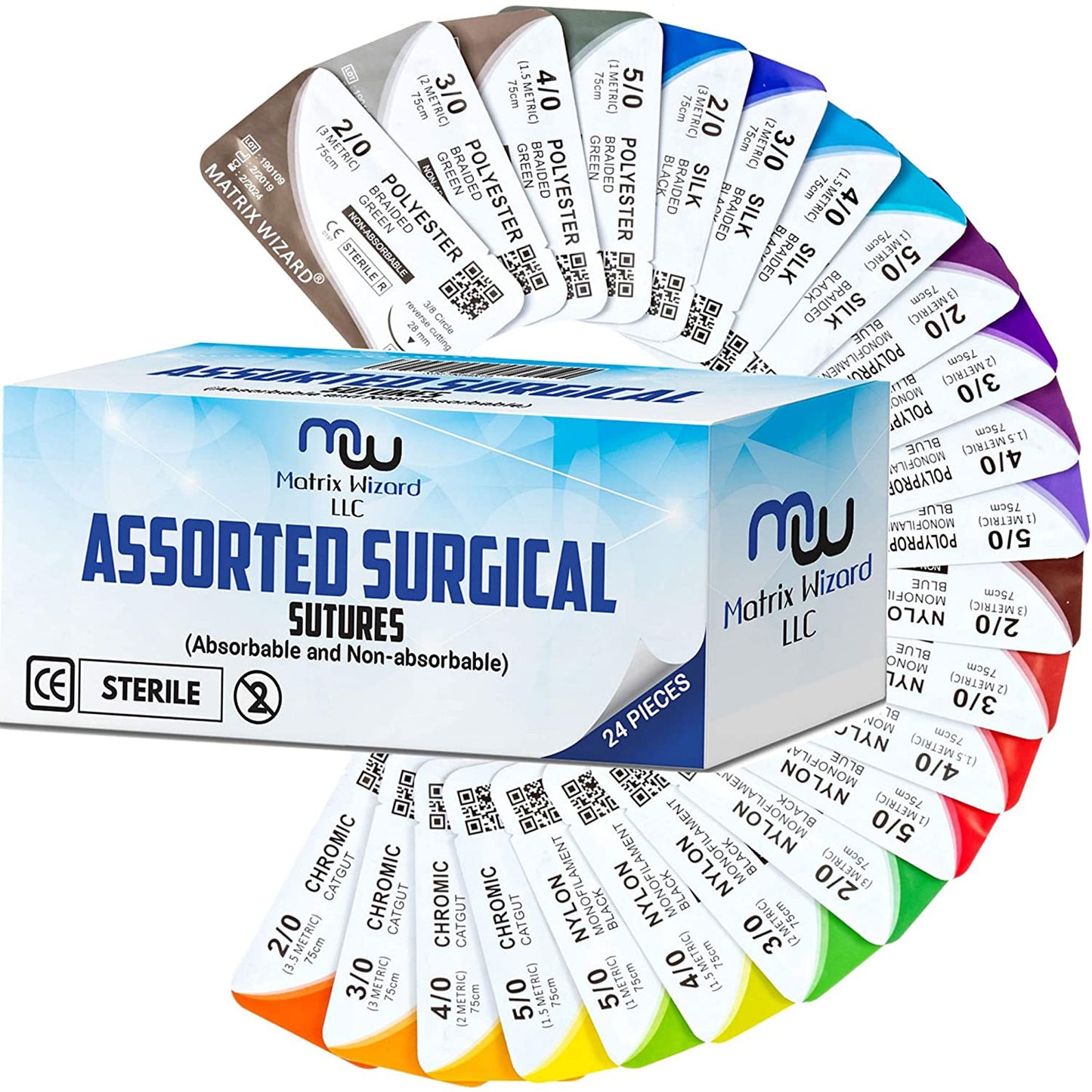 Mixed Sutures Thread with Needle (Absorbable: Chromic Catgut; Non-Absorbable: Nylon, Silk, Polyester, Polypropylene) - Surgical Wound Practice Kit, Taxidermy, Suture Pad Training (2-0, 3-0, 4-0, 5-0) 24PK