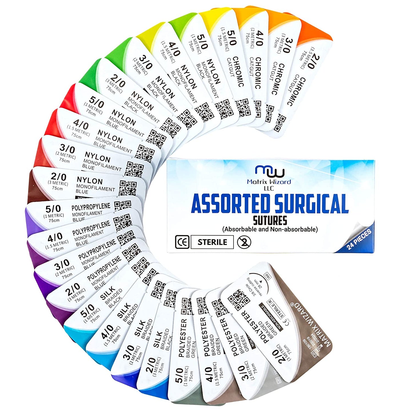 Mixed Sutures Thread with Needle (Absorbable: Chromic Catgut; Non-Absorbable: Nylon, Silk, Polyester, Polypropylene) - Surgical Wound Practice Kit, Taxidermy, Suture Pad Training (2-0, 3-0, 4-0, 5-0) 24PK