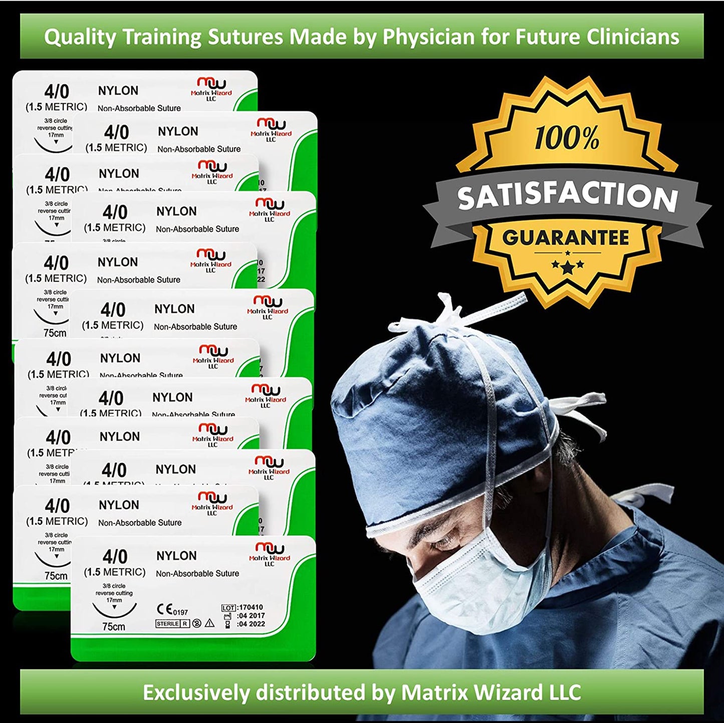 4-0 Sterile Suture Threads with Needle (24 PK Nylon) - Med School Demo, Suturing on Silicon Suture Dummies, Clinic Rotation Suturing, Taxidermy, Veterinary Use