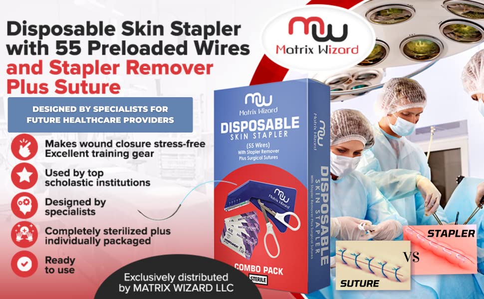 Disposable Skin Stapler with 55 Preloaded Wires Plus Stapler Remover Tool (Suture Thread Alternative) - Trauma Practice Kit; Taxidermy; Medical, Nursing and Veterintry Students