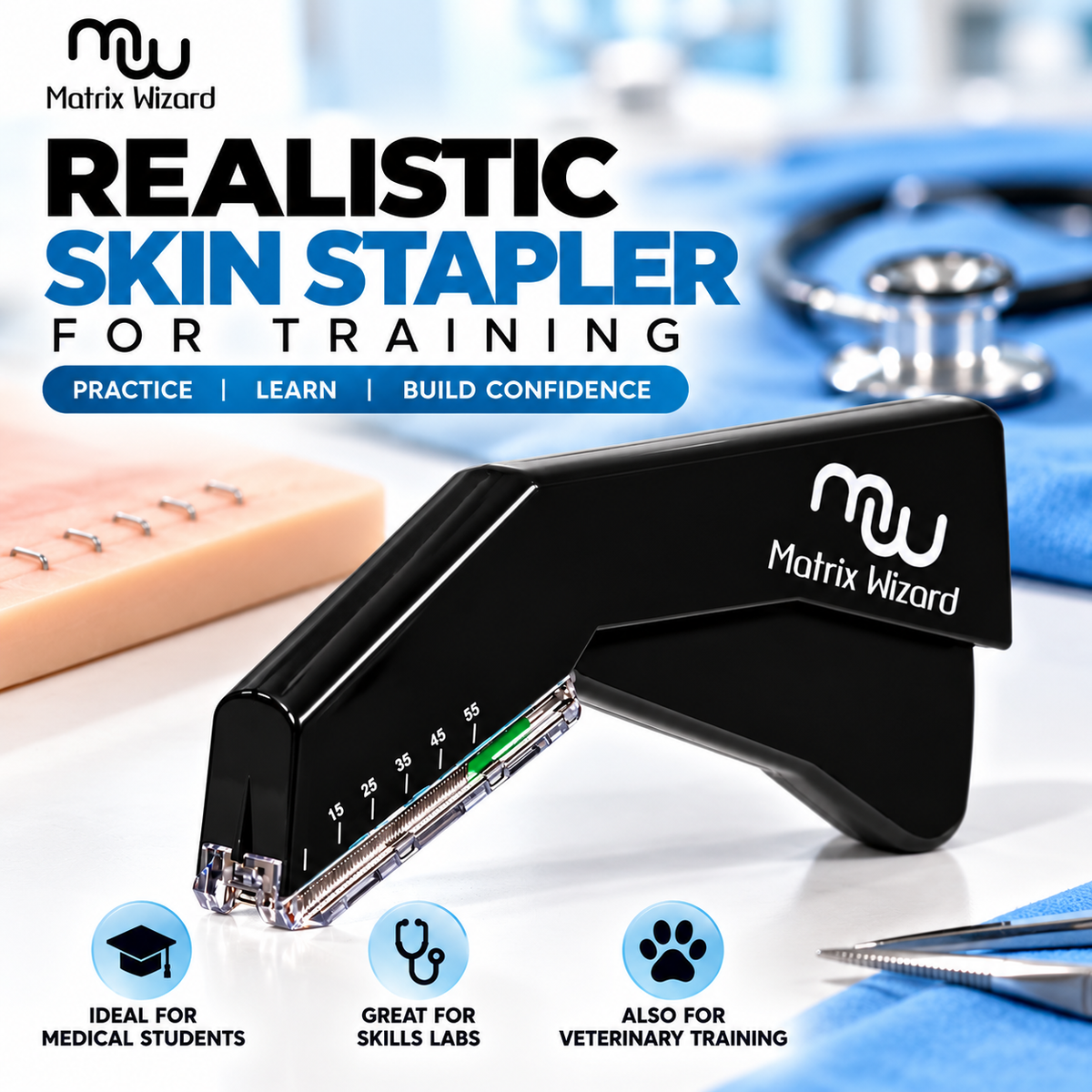 55 Preloaded Disposable Skin Stapler Wire Stapler Tool with Ergonomic Handle, Stainless Steel, Sterile, for Easy Staple Application (Stapler only)