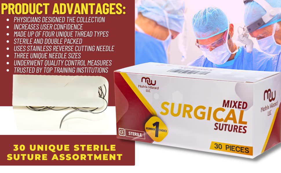 Suture Thread with Needle 30Pk (Mixed 0, 2-0, 3-0, 4-0, 5-0, 6-0) - Practice Suturing; Hospital Clinic Rotation, First Aid Travel Safety, Veterinary Use