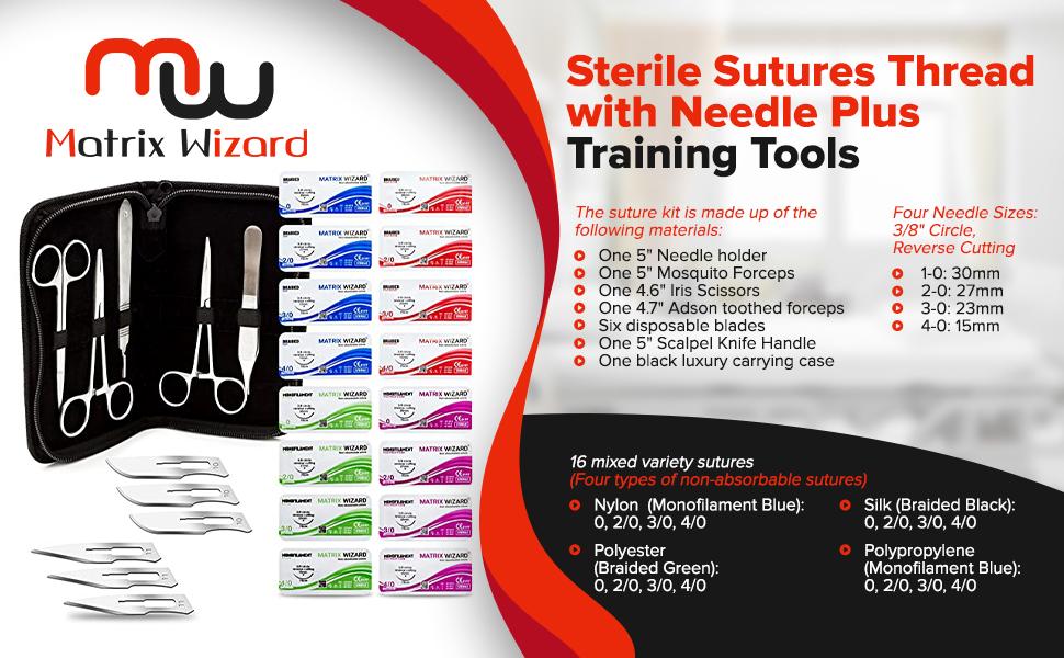 Sterile Sutures Thread with Needle Plus Training Tools - First Aid Field Emergency Demonstration, Trauma Practice Suture Kit; Taxidermy; Medical, Nursing and Veterinary Students (16 Mixed 0, 2/0, 3/0, 4/0 with 12 Instruments) 28PK