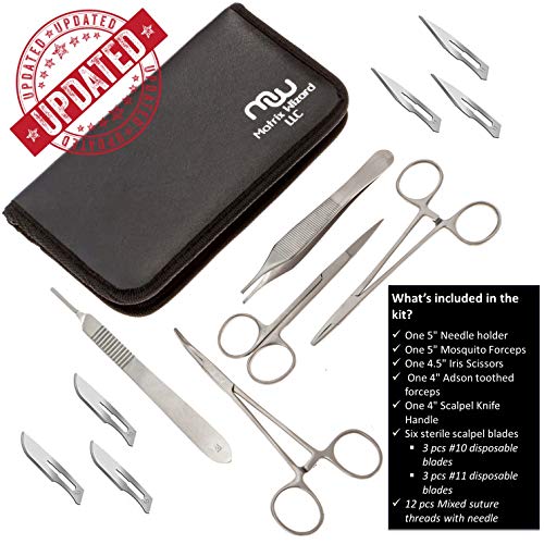 Sterile Sutures Thread with Needle Plus Training Tools - First Aid Field Emergency Demonstration, Trauma Practice Suture Kit; Taxidermy; Medical, Nursing and Veterinary Students (16 Mixed 0, 2/0, 3/0, 4/0 with 12 Instruments) 28PK