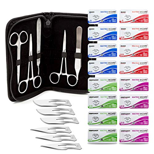 Sterile Sutures Thread with Needle Plus Training Tools - First Aid Field Emergency Demonstration, Trauma Practice Suture Kit; Taxidermy; Medical, Nursing and Veterinary Students (16 Mixed 0, 2/0, 3/0, 4/0 with 12 Instruments) 28PK