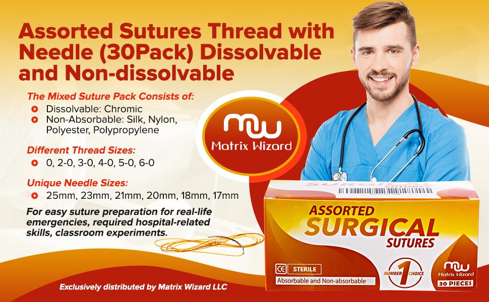 Sutures Thread with Needle (30PK Mix Absorbable: Chromic; Non-Absorbable: Silk, Nylon, Polyester, Polypropylene: 0,2-0,3-0,4-0,5-0,6-0) - Surgical Stitch Kit; Medical, Vet, RN's Hospital Training