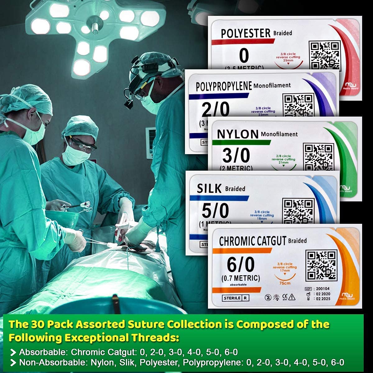 Sutures Thread with Needle (30PK Mix Absorbable: Chromic; Non-Absorbable: Silk, Nylon, Polyester, Polypropylene: 0,2-0,3-0,4-0,5-0,6-0) - Surgical Stitch Kit; Medical, Vet, RN's Hospital Training