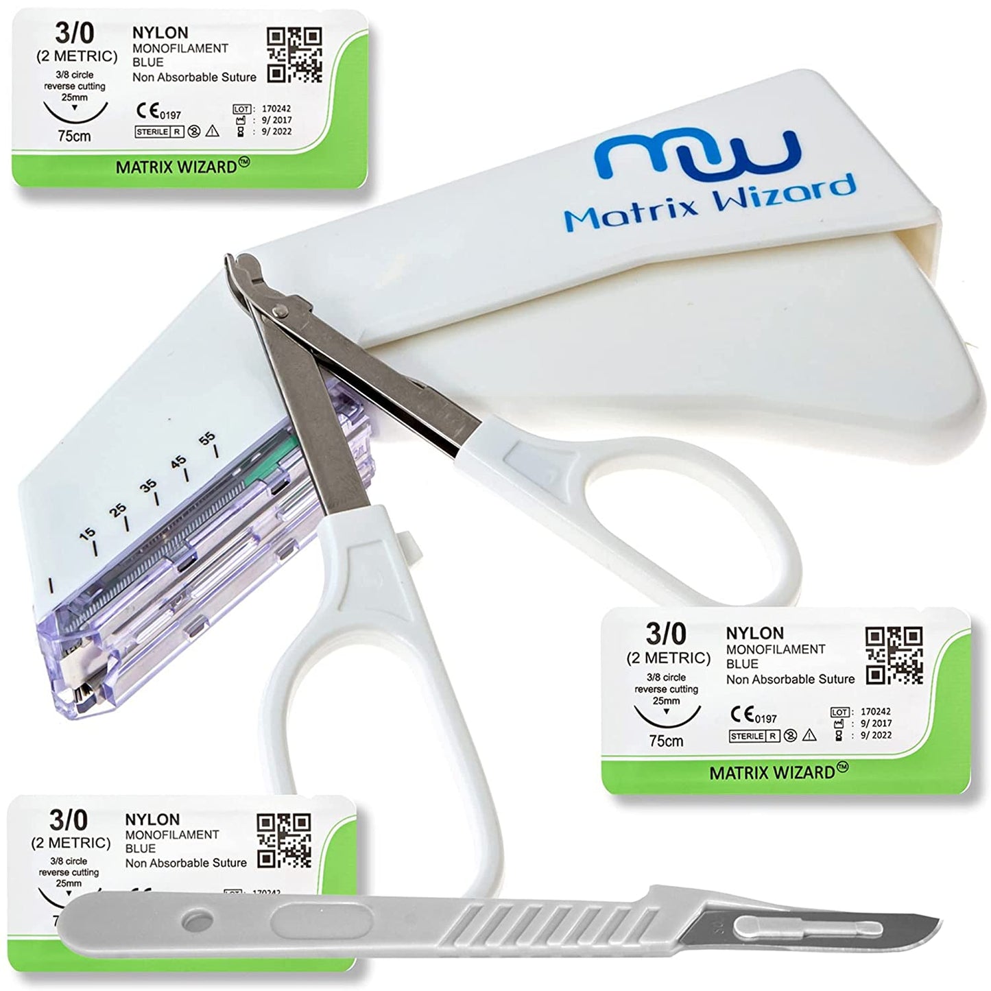 Sterile Sutures Thread with Needle Plus Disposable Stapler and Wire Remover Instrument - Emergency First Aid Field Practice, Clinical Rotation, RN Veterinary Use