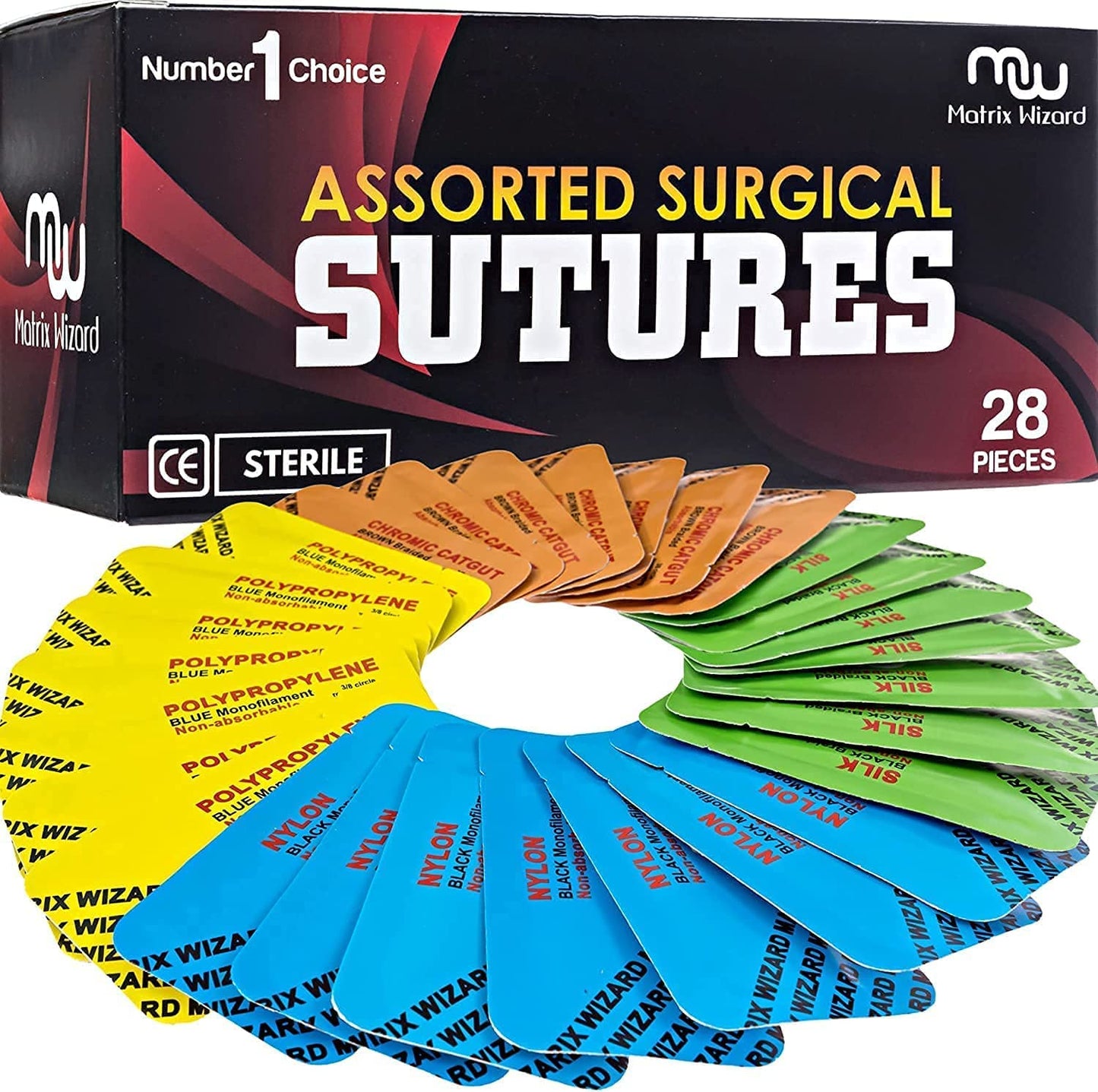 Mixed Sutures Thread with Needle (28Pk Dissolvable and Non-Dissolvable: 0, 1-0, 2-0, 3-0, 4-0, 6-0) - Surgical Suture Practice; Medical, Nursing, Vet Student's Hospital Practice Demo; Taxidermy