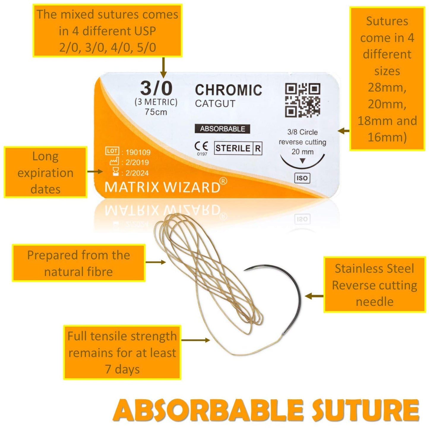 Mixed Sutures Thread with Needle (Absorbable: Chromic Catgut; Non-Absorbable: Nylon, Silk, Polyester, Polypropylene) - Surgical Wound Practice Kit, Taxidermy, Suture Pad Training (2-0, 3-0, 4-0, 5-0) 24PK