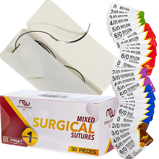 Suture Thread with Needle 30Pk (Mixed 0, 2-0, 3-0, 4-0, 5-0, 6-0) - Practice Suturing; Hospital Clinic Rotation, First Aid Travel Safety, Veterinary Use