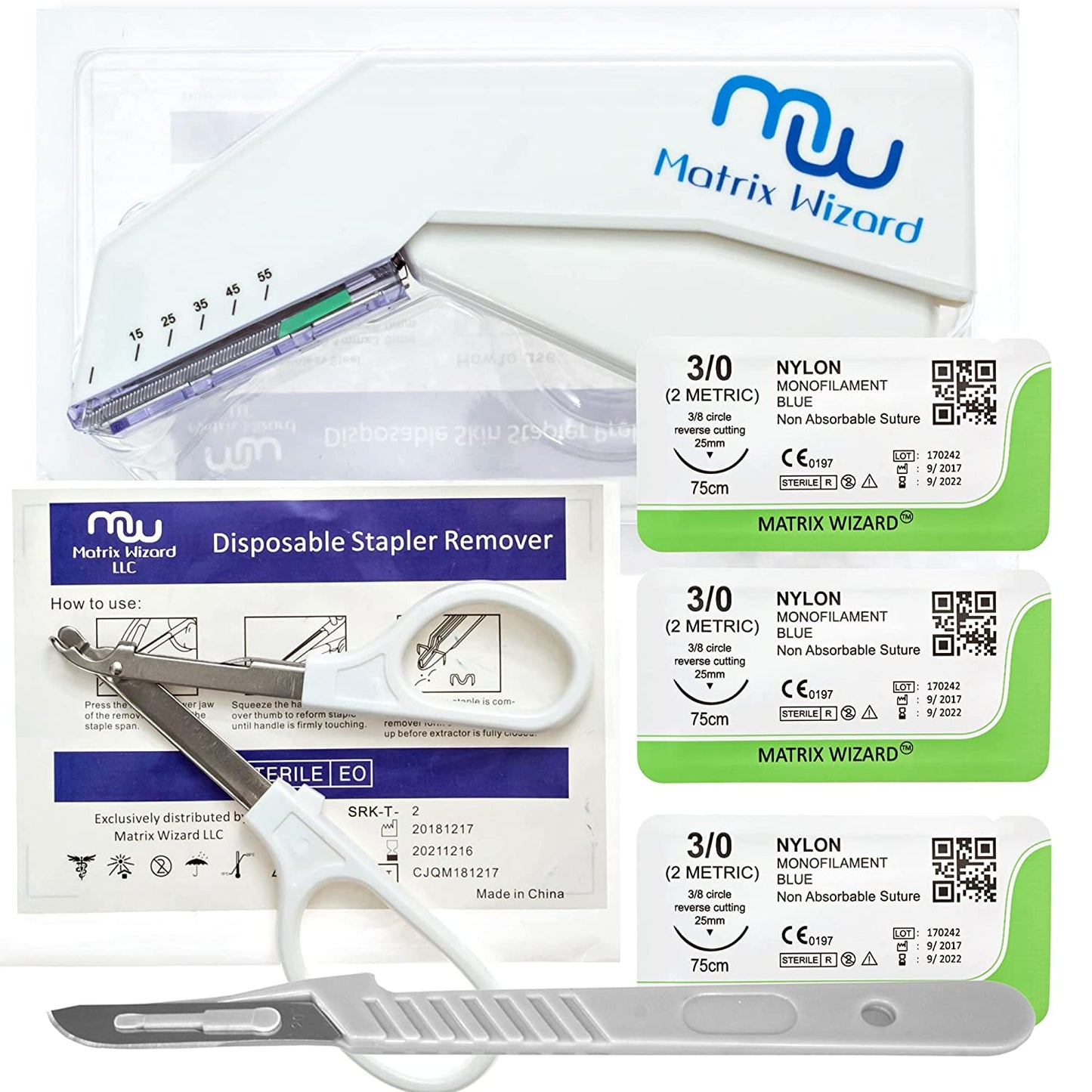 Sterile Sutures Thread with Needle Plus Disposable Stapler and Wire Remover Instrument - Emergency First Aid Field Practice, Clinical Rotation, RN Veterinary Use