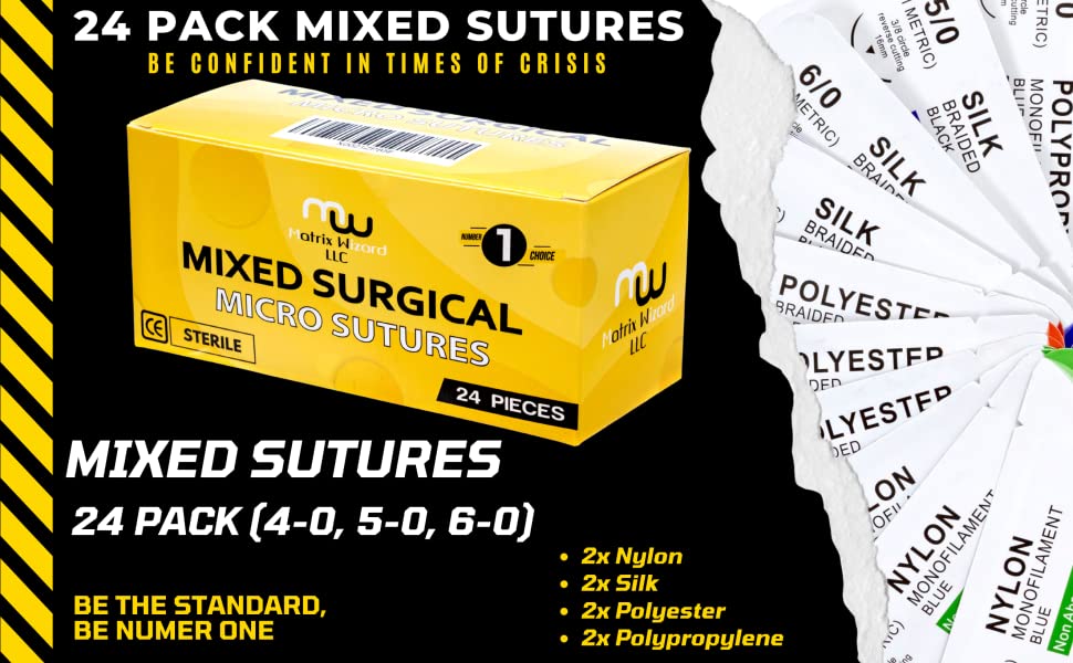 Sutures Thread with Needle (24 Mixed 4-0, 5-0, 6-0) - RN, EMT, Vet, Dental Clinical Rotation; Trauma Practicing Set