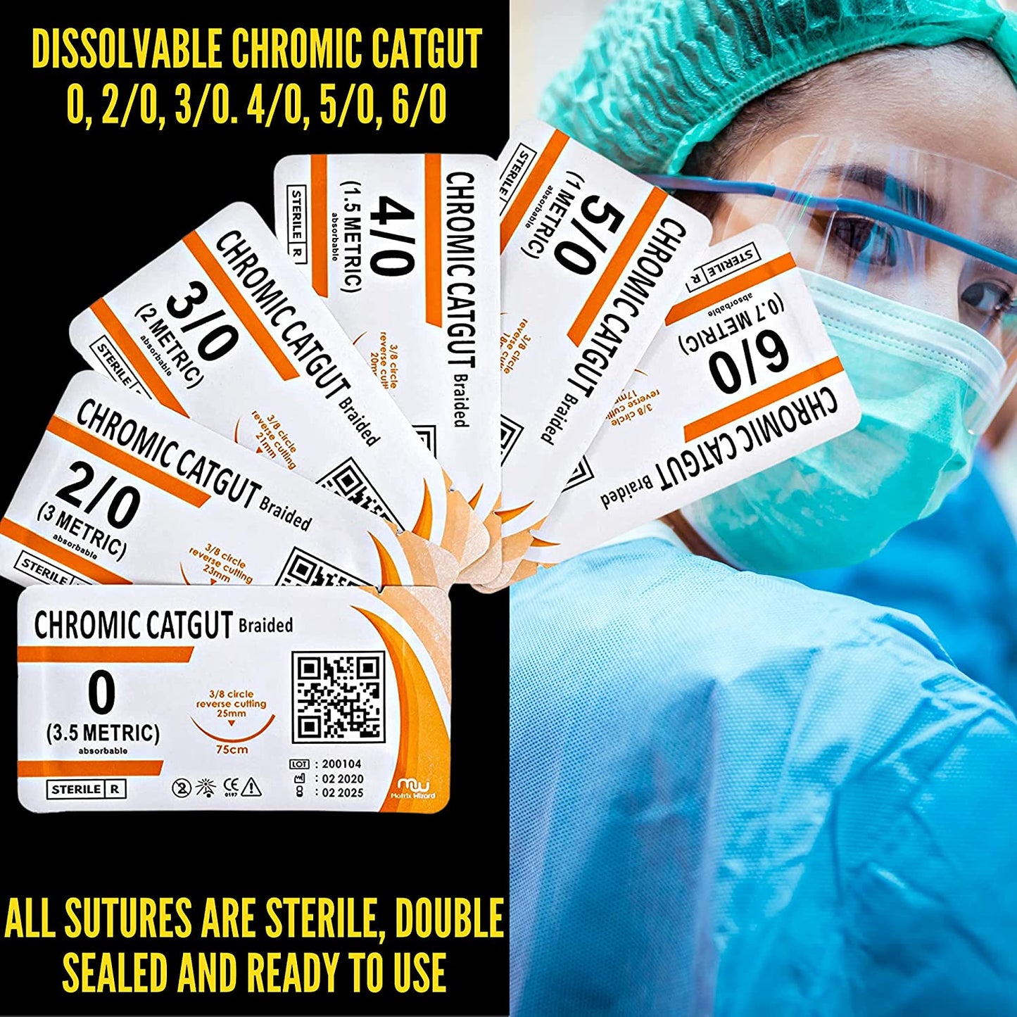 Sutures Thread with Needle (30PK Mix Absorbable: Chromic; Non-Absorbable: Silk, Nylon, Polyester, Polypropylene: 0,2-0,3-0,4-0,5-0,6-0) - Surgical Stitch Kit; Medical, Vet, RN's Hospital Training