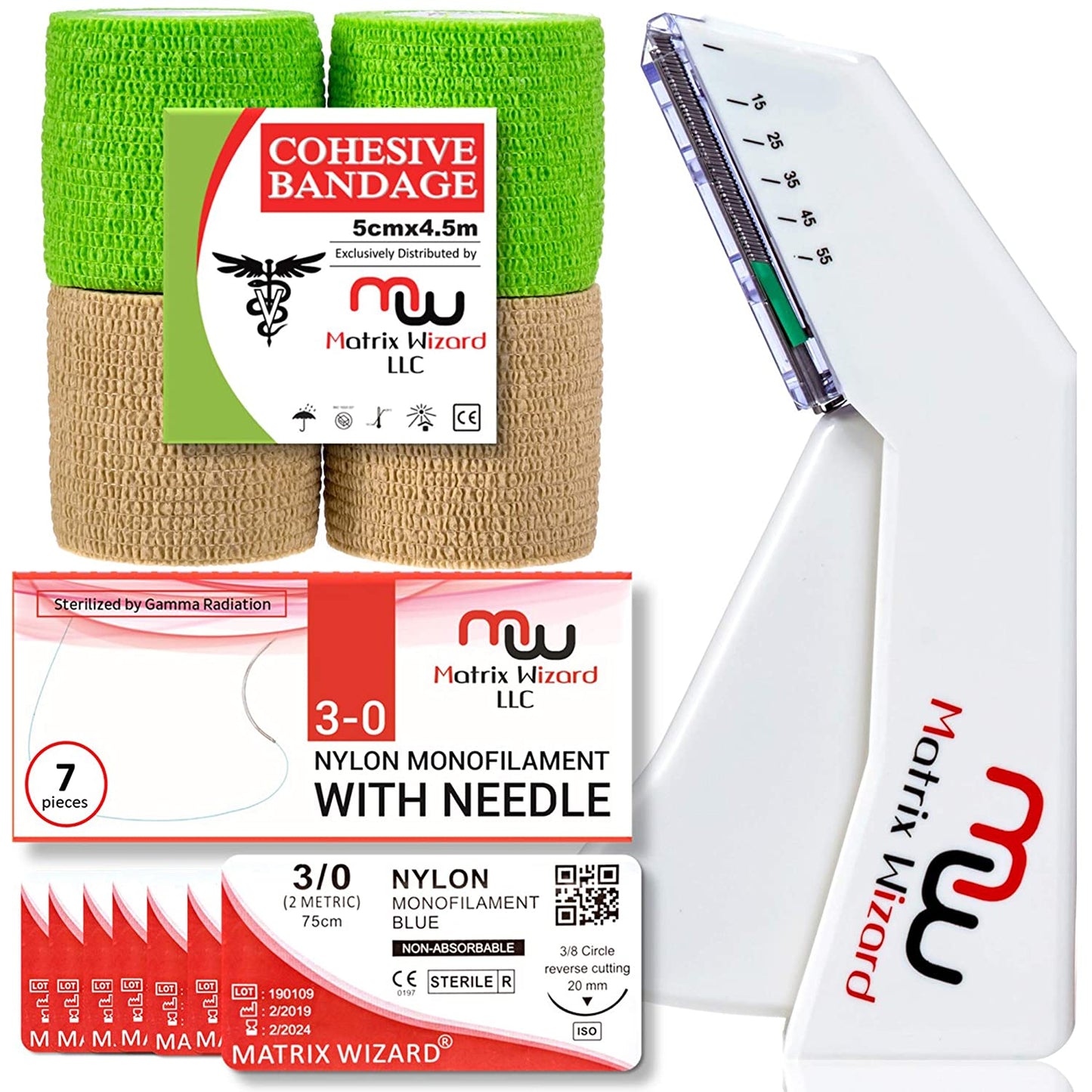 Sterile Suture Thread with Needle, Disposable Skin Stapler, Self Adhesive Bandage Wrap Tape (Training Combo Pk) - First Aid Demo, Taxidermy, MD Trauma Training