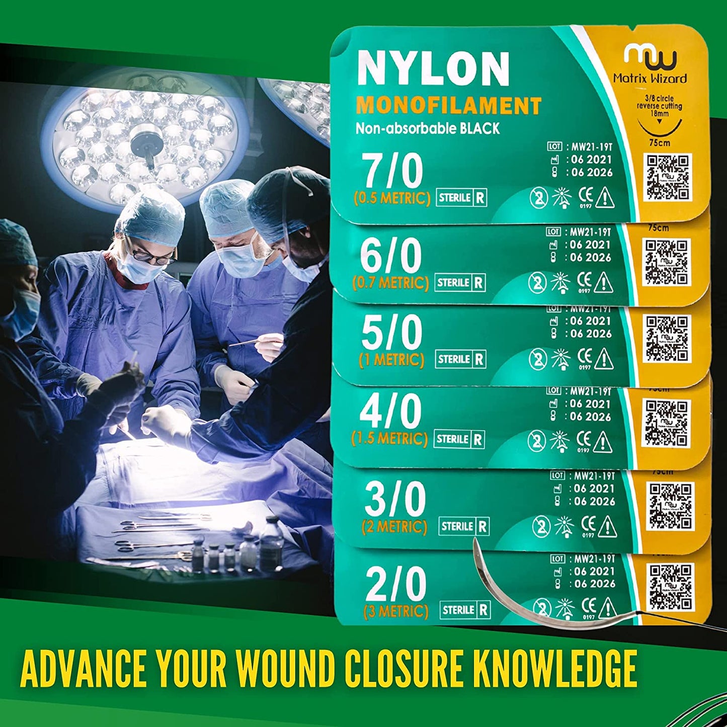 Mixed Sutures Thread with Needle - 24Pk Sterile Nylon, Polyester, Silk, Polypropylene: 2-0, 3-0, 4-0, 5-0, 6-0, 7-0: Practicing Suturing Skills; Student's Hospital ER Training; First Aid Demo; Vet Use