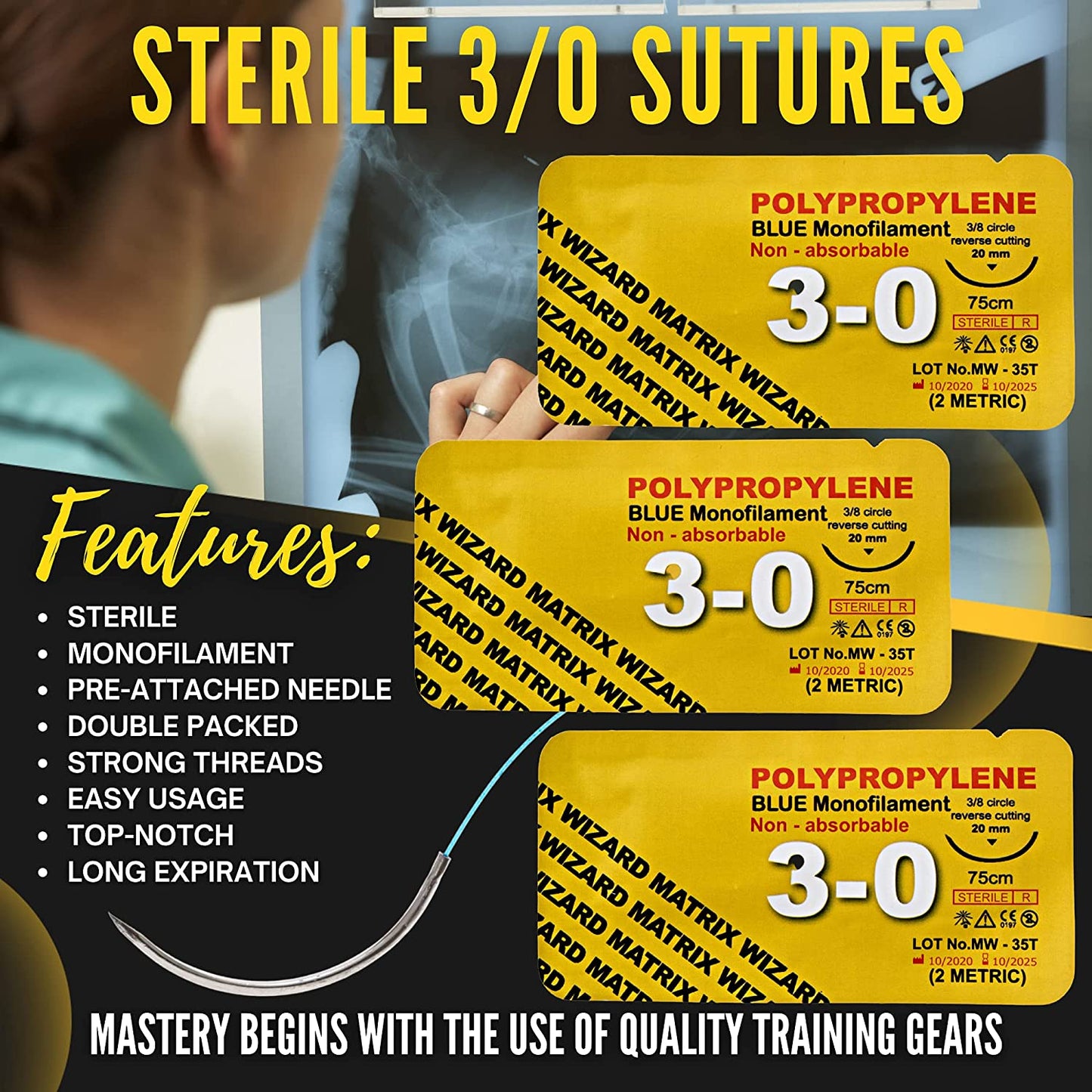 Sterile Suture Thread with Needle Plus Disposable Preloaded 55 Wire Stapler Tool - Medics, EMT, Nursing First Aid Surgical Suture Practice Kit; Wound Training Set; Vet Use