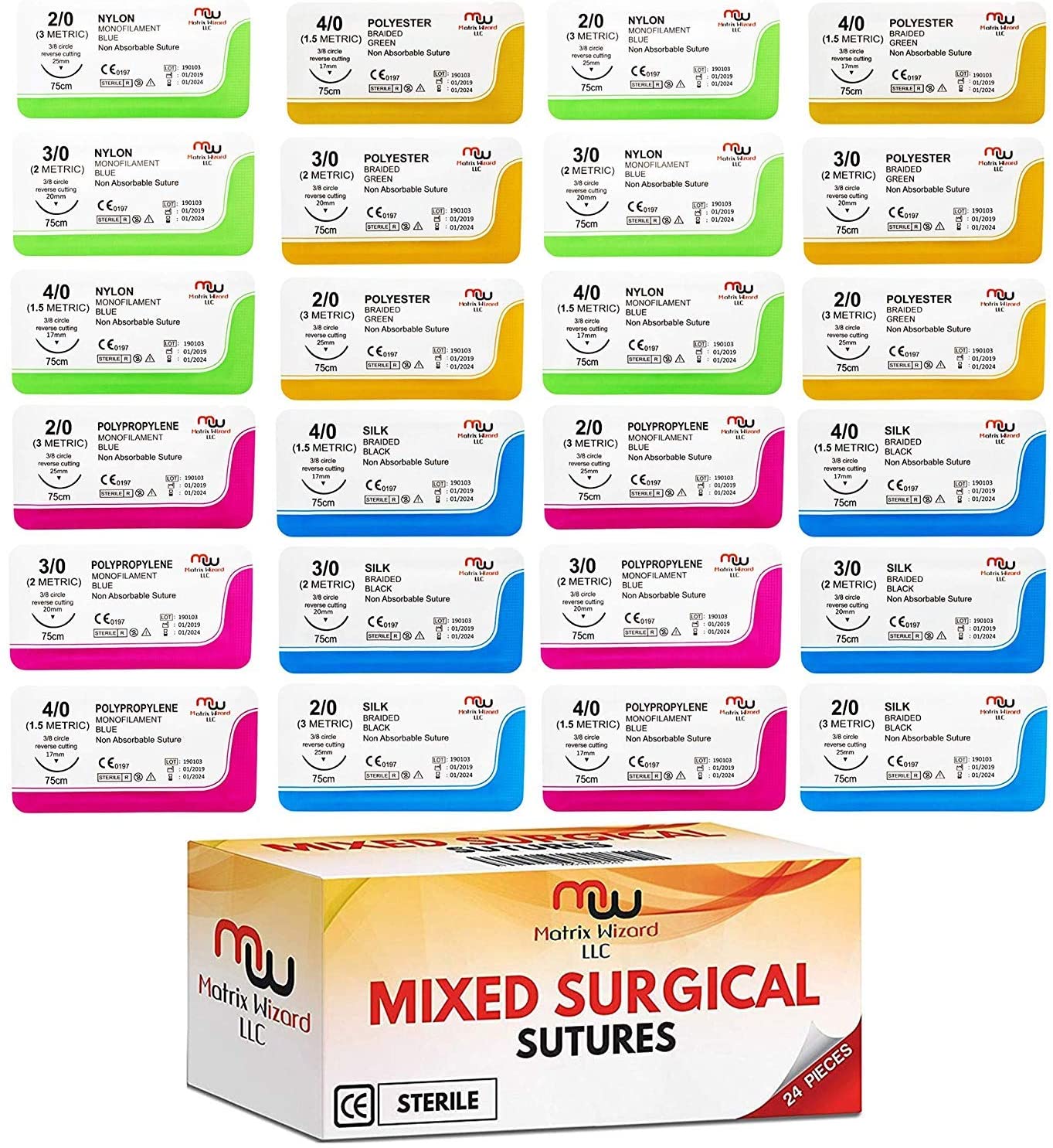 Sutures Thread with Needle (24 Mixed 2/0, 3/0, 4/0) - Practicing Suturing; Taxidermy; Hospital Clinic Rotation, MD, RN, EMT, Vet Demo