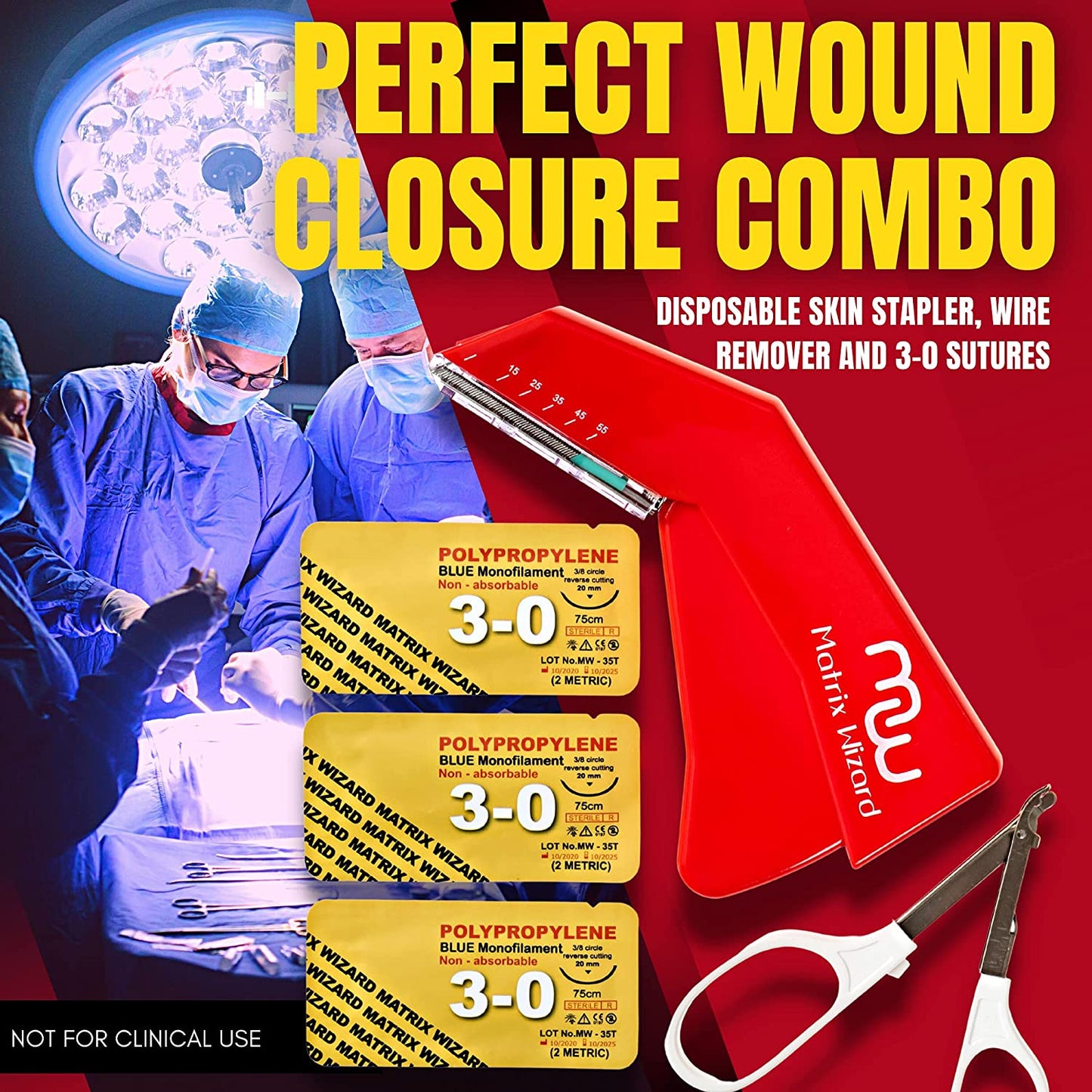 Sterile Suture Thread with Needle Plus Disposable Preloaded 55 Wire Stapler Tool - Medics, EMT, Nursing First Aid Surgical Suture Practice Kit; Wound Training Set; Vet Use