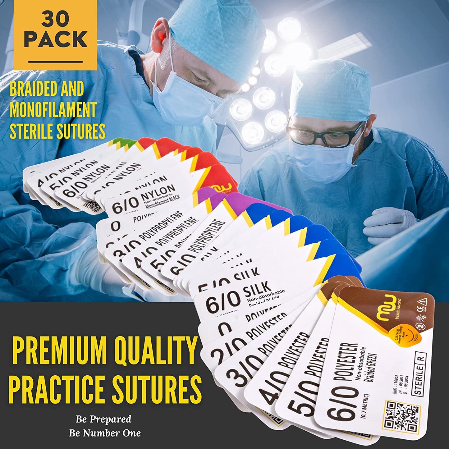 Suture Thread with Needle 30Pk (Mixed 0, 2-0, 3-0, 4-0, 5-0, 6-0) - Practice Suturing; Hospital Clinic Rotation, First Aid Travel Safety, Veterinary Use