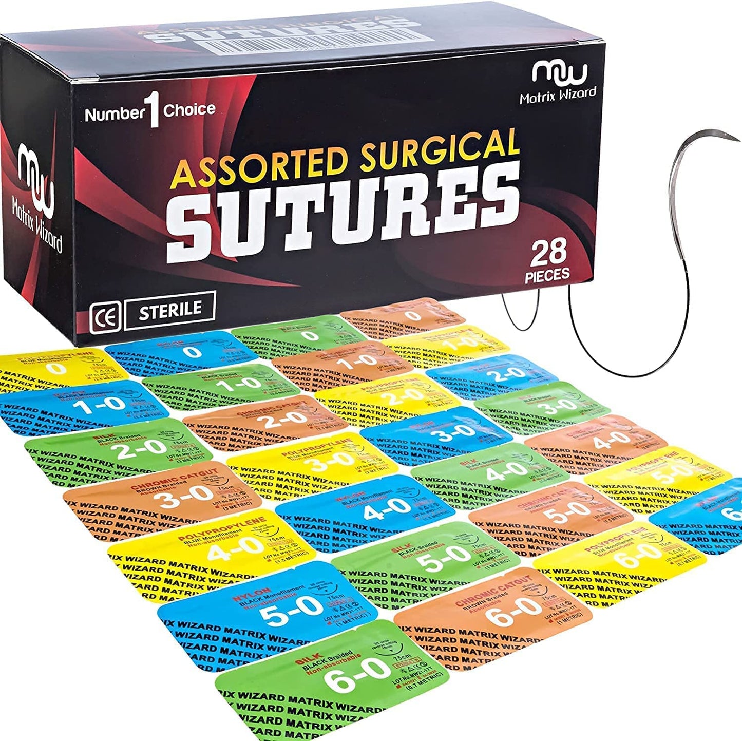 Mixed Sutures Thread with Needle (28Pk Dissolvable and Non-Dissolvable: 0, 1-0, 2-0, 3-0, 4-0, 6-0) - Surgical Suture Practice; Medical, Nursing, Vet Student's Hospital Practice Demo; Taxidermy