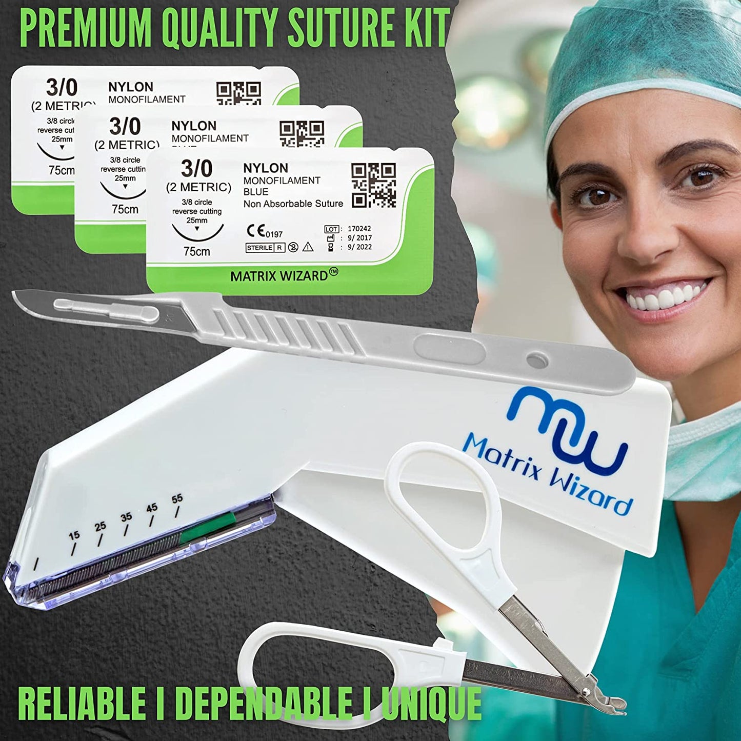 Sterile Sutures Thread with Needle Plus Disposable Stapler and Wire Remover Instrument - Emergency First Aid Field Practice, Clinical Rotation, RN Veterinary Use