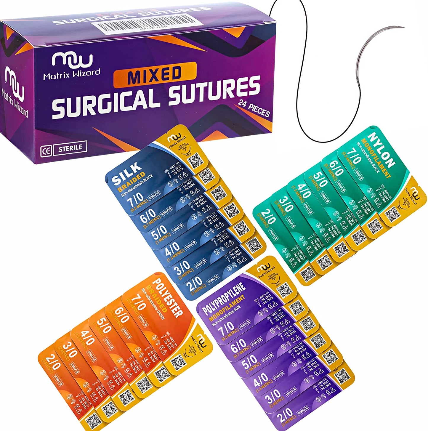 Mixed Sutures Thread with Needle - 24Pk Sterile Nylon, Polyester, Silk, Polypropylene: 2-0, 3-0, 4-0, 5-0, 6-0, 7-0: Practicing Suturing Skills; Student's Hospital ER Training; First Aid Demo; Vet Use