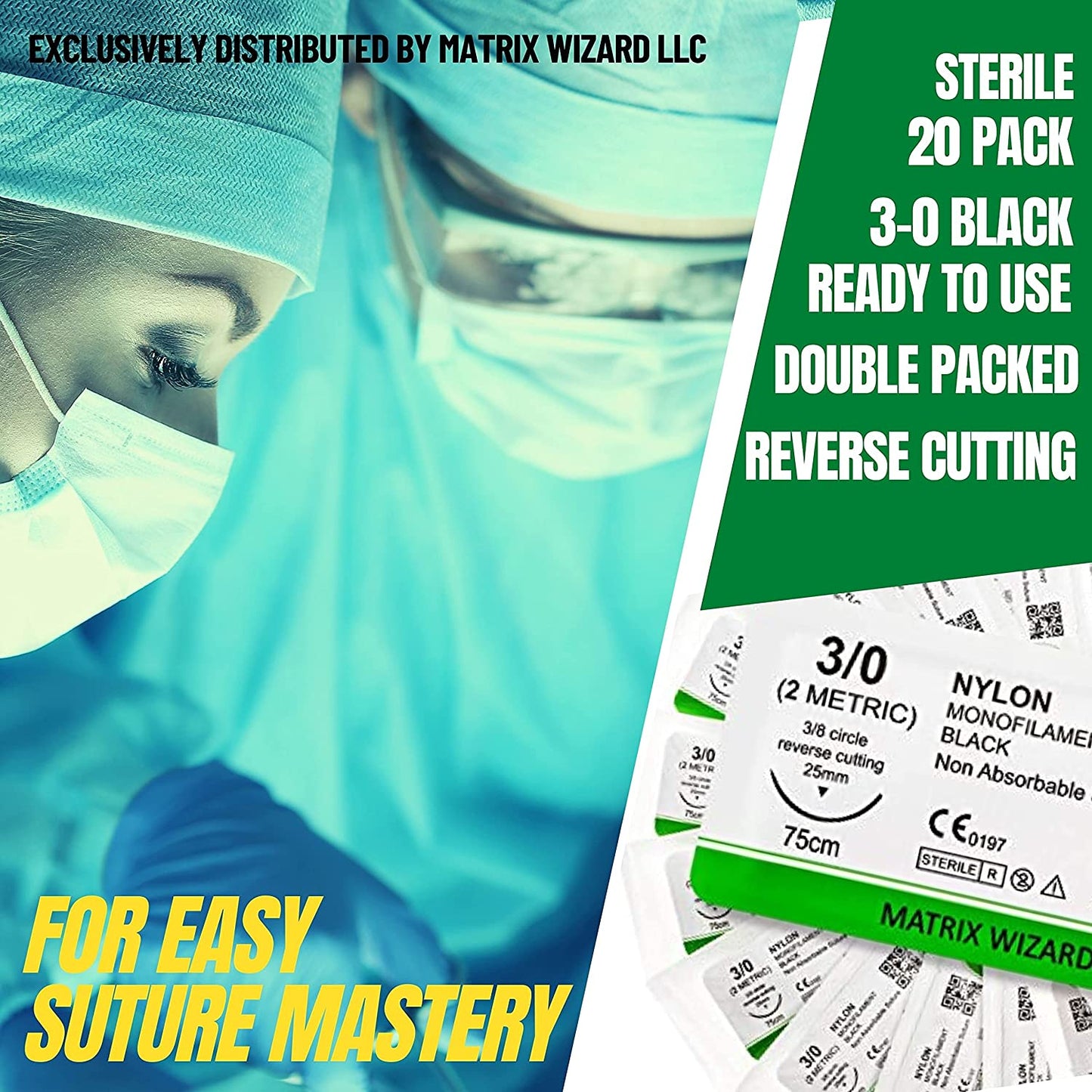 3-0 Sterile Sutures Thread with Needle (24 PK Black Monofilament) - Medical and Nursing Student's Surgical Practice Suture Kit, Training with Stitching Pad, Taxidermy, Vet Use