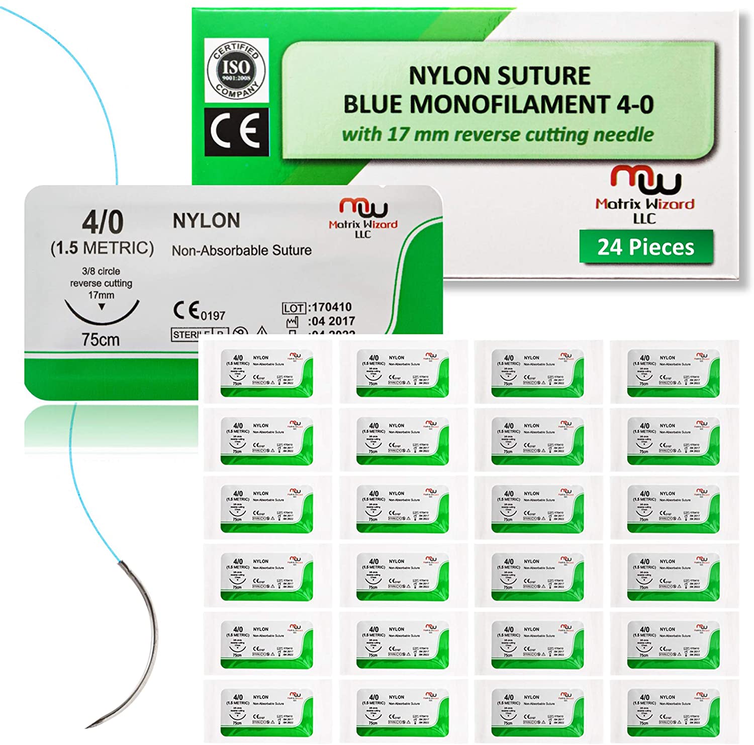 4-0 Sterile Suture Threads with Needle (24 PK Nylon) - Med School Demo,  Suturing on Silicon Suture Dummies, Clinic Rotation Suturing, Taxidermy, 