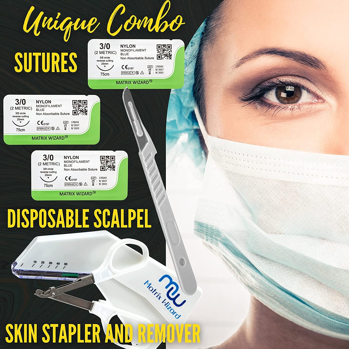 Sterile Sutures Thread with Needle Plus Disposable Stapler and Wire Remover Instrument - Emergency First Aid Field Practice, Clinical Rotation, RN Veterinary Use