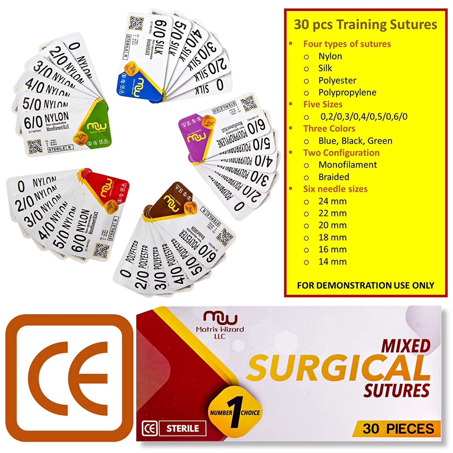 Suture Thread with Needle 30Pk (Mixed 0, 2-0, 3-0, 4-0, 5-0, 6-0) - Practice Suturing; Hospital Clinic Rotation, First Aid Travel Safety, Veterinary Use