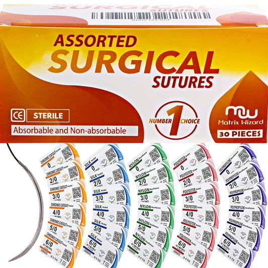 Sutures Thread with Needle (30PK Mix Absorbable: Chromic; Non-Absorbable: Silk, Nylon, Polyester, Polypropylene: 0,2-0,3-0,4-0,5-0,6-0) - Surgical Stitch Kit; Medical, Vet, RN's Hospital Training