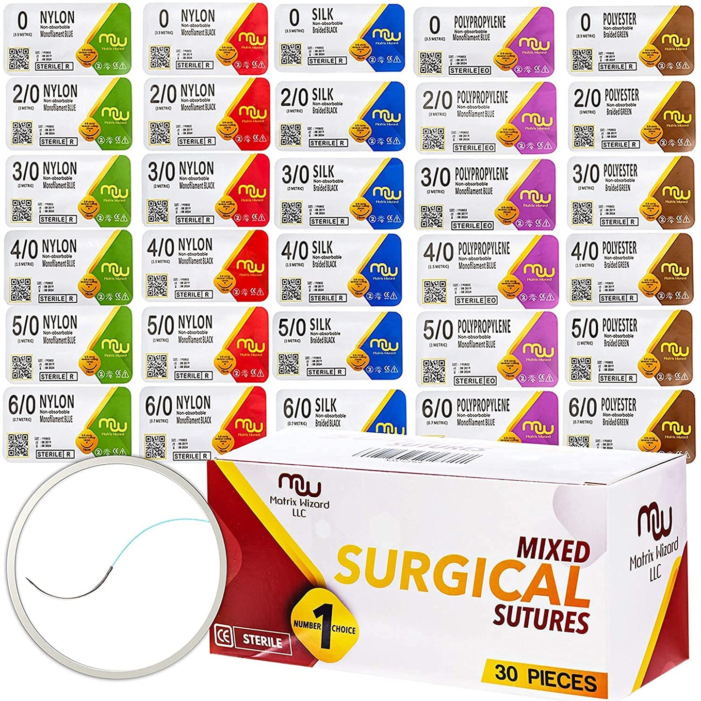 Suture Thread with Needle 30Pk (Mixed 0, 2-0, 3-0, 4-0, 5-0, 6-0) - Practice Suturing; Hospital Clinic Rotation, First Aid Travel Safety, Veterinary Use