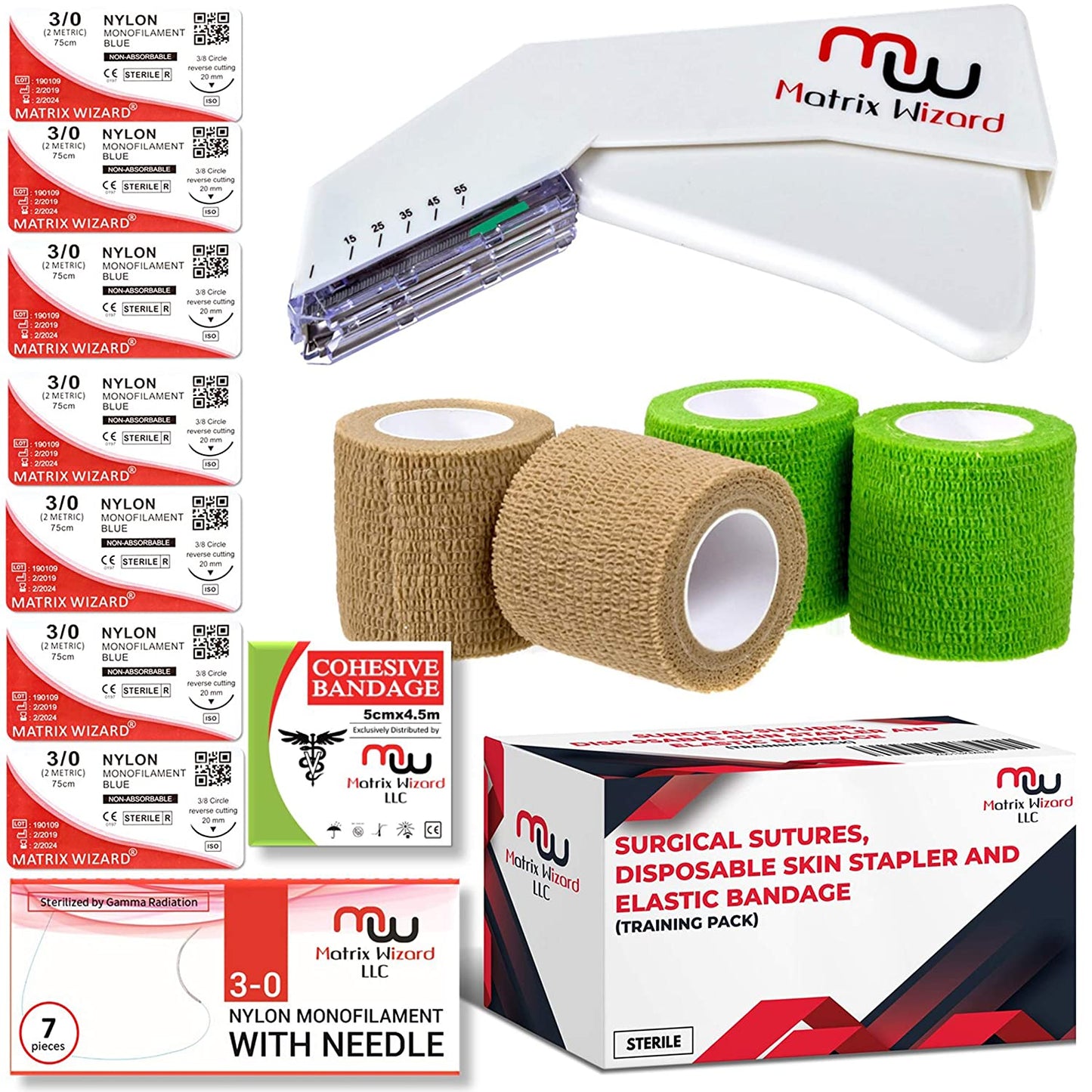 Sterile Suture Thread with Needle, Disposable Skin Stapler, Self Adhesive Bandage Wrap Tape (Training Combo Pk) - First Aid Demo, Taxidermy, MD Trauma Training