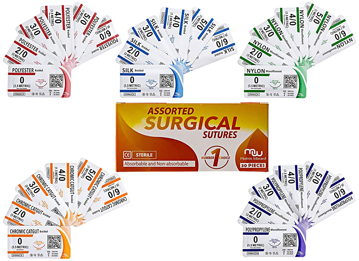 Sutures Thread with Needle (30PK Mix Absorbable: Chromic; Non-Absorbable: Silk, Nylon, Polyester, Polypropylene: 0,2-0,3-0,4-0,5-0,6-0) - Surgical Stitch Kit; Medical, Vet, RN's Hospital Training