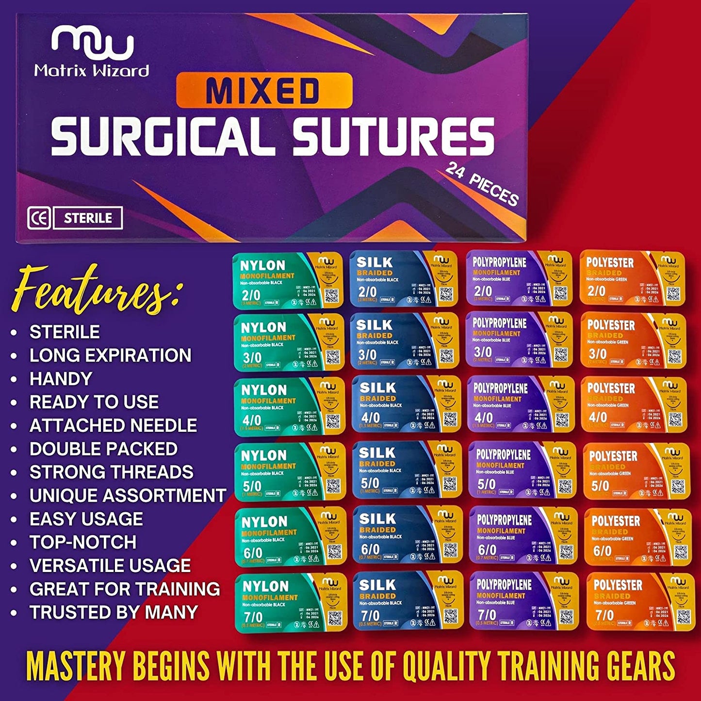 Mixed Sutures Thread with Needle - 24Pk Sterile Nylon, Polyester, Silk, Polypropylene: 2-0, 3-0, 4-0, 5-0, 6-0, 7-0: Practicing Suturing Skills; Student's Hospital ER Training; First Aid Demo; Vet Use