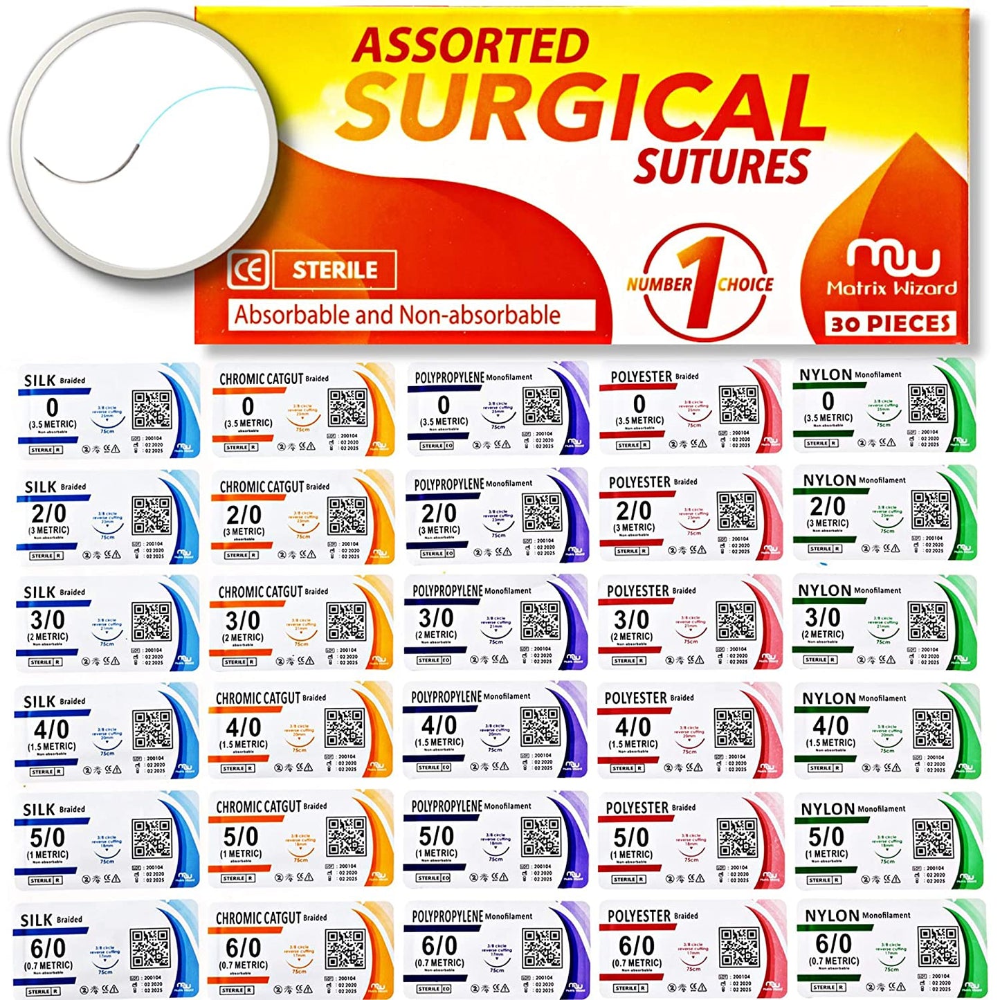 Sutures Thread with Needle (30PK Mix Absorbable: Chromic; Non-Absorbable: Silk, Nylon, Polyester, Polypropylene: 0,2-0,3-0,4-0,5-0,6-0) - Surgical Stitch Kit; Medical, Vet, RN's Hospital Training