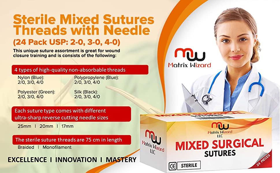 Sutures Thread with Needle (24 Mixed 2/0, 3/0, 4/0) - Practicing Suturing; Taxidermy; Hospital Clinic Rotation, MD, RN, EMT, Vet Demo