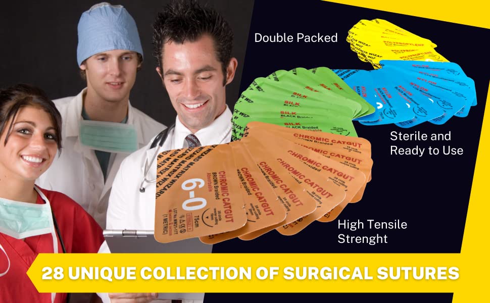 Mixed Sutures Thread with Needle (28Pk Dissolvable and Non-Dissolvable: 0, 1-0, 2-0, 3-0, 4-0, 6-0) - Surgical Suture Practice; Medical, Nursing, Vet Student's Hospital Practice Demo; Taxidermy